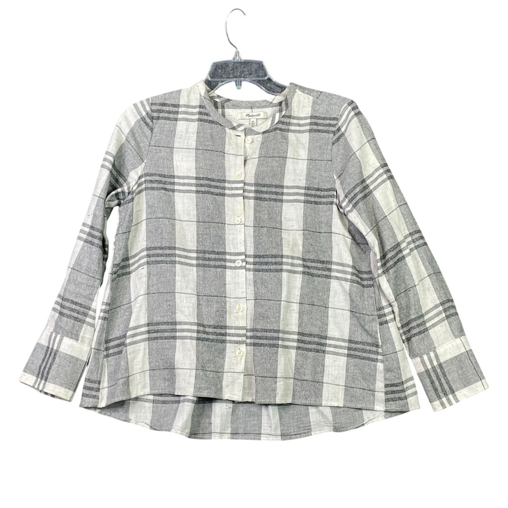 Madewell Plaid Blouse Womens XS Grey White Button Front Long Sleeve Cotton Top